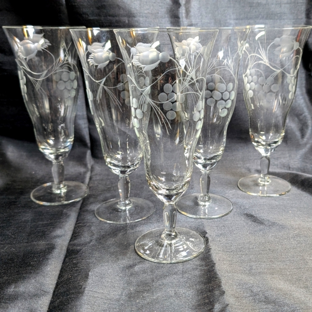 VTG Clear Crystal Glass Etched Floral footed swirl stem Water Goblet Glass 5pc